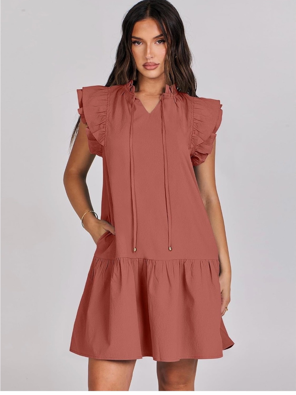 ANRABESS Womens V-Neck Drawstring Ruffle Cap Short Sleeve Casual Shift Small